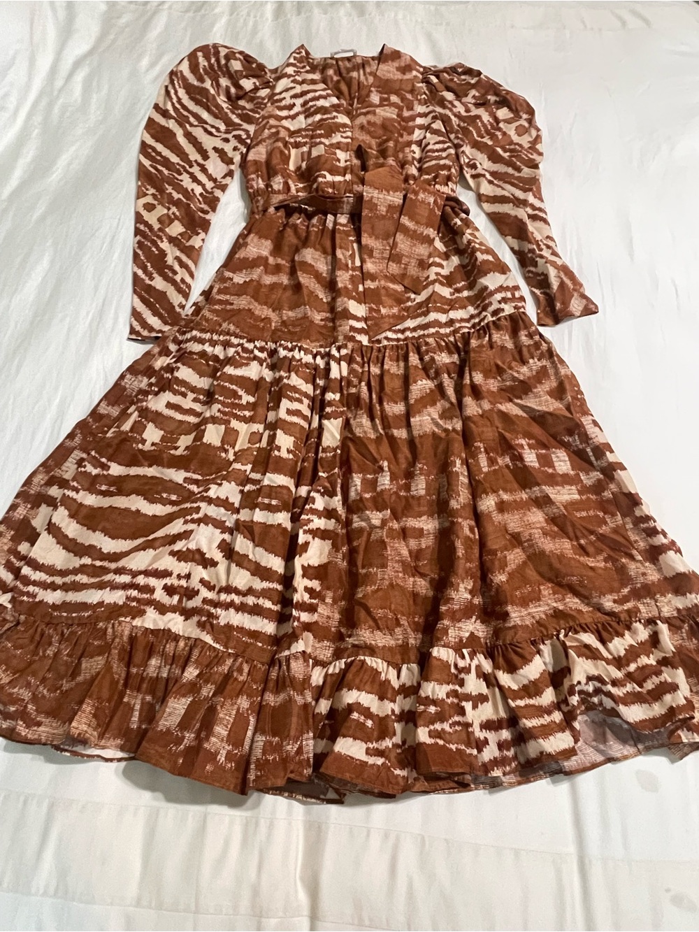New Ulla Johnson Leila Belted Printed Silk Midi Dress Brown Sz 4 - Picture 4 of 12